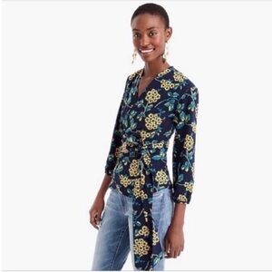 J. Crew blouse yellow floral wrap navy long sleeve